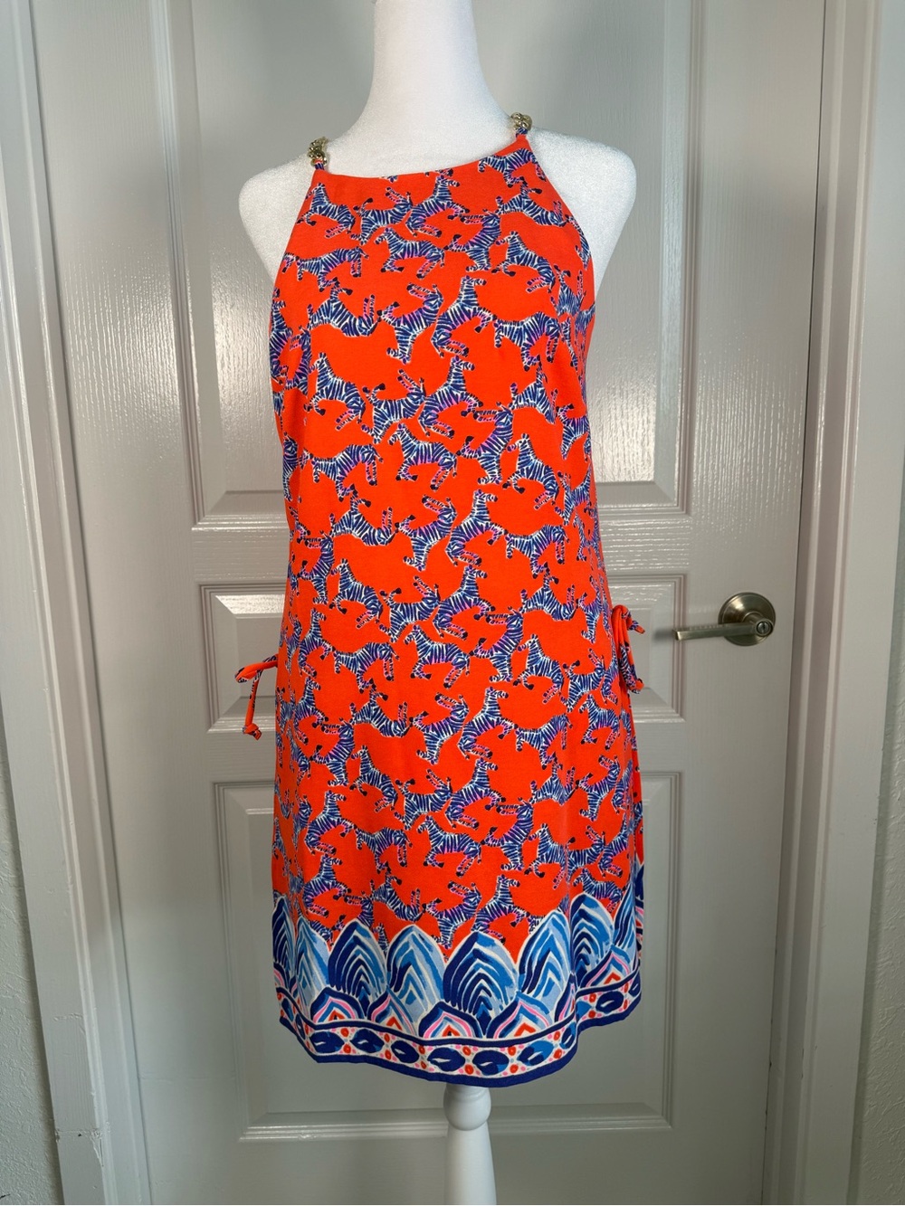 NWT Lilly Pulitzer Orange Zebra Print Halter Dress with Blue Border size 4 (062)